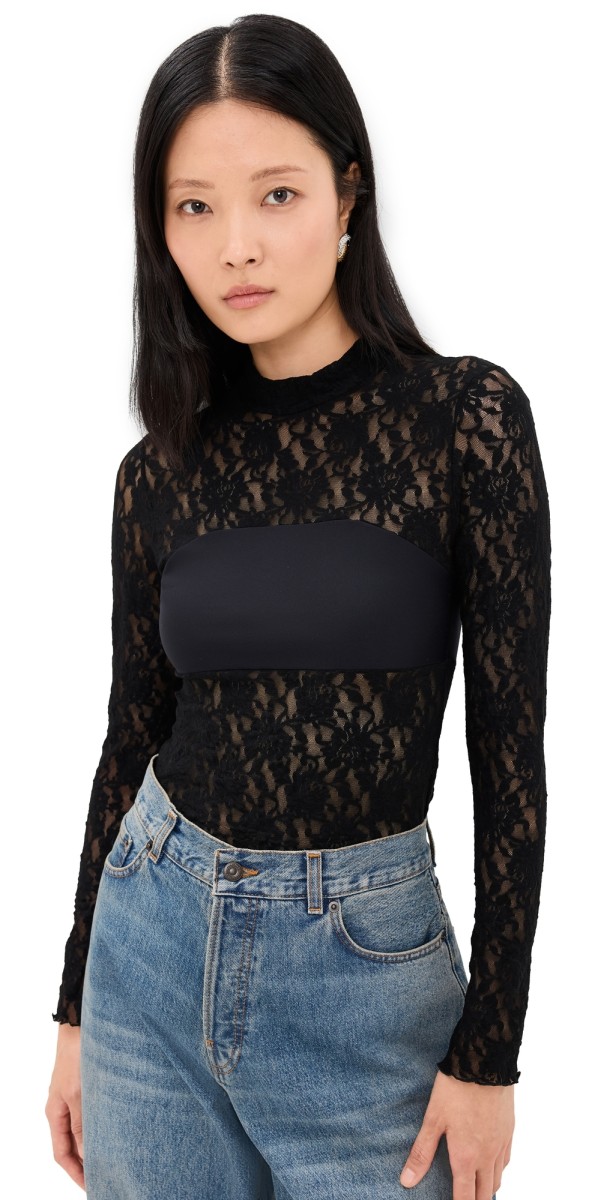 Hanky Panky Sig Lace Mock Neck Long Sleeve Bandeau Top Black