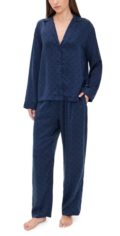 Lunya Washable Silk Long Sleeve Shirt and Pants Set Blue Ellipsis