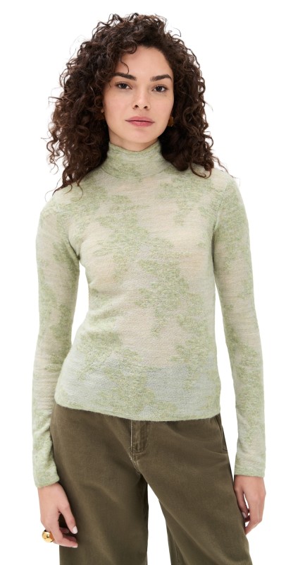 GANNI Sheer Flower Jacquard Mock Neck Olive Night