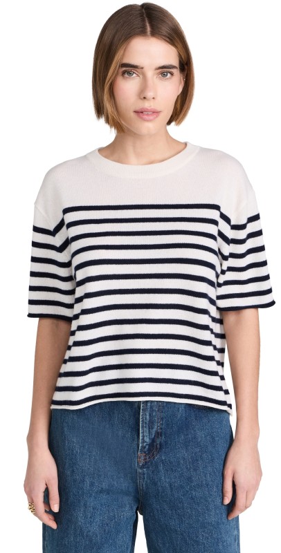 LISA YANG Cila Stripes Cashmere T-Shirt Cream/Navy Stripes