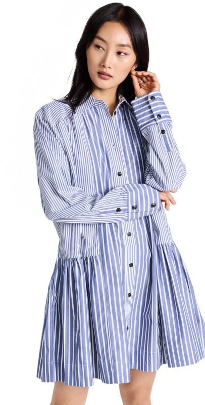GANNI Stripe Cotton Wide Mini Shirt Dress Gray Blue