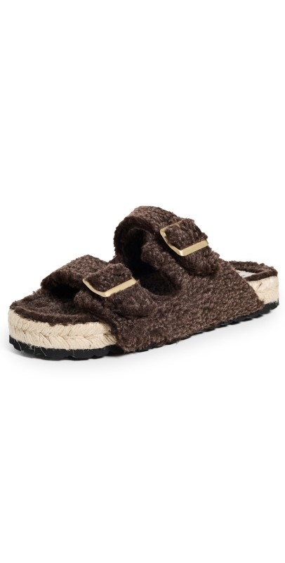 Manebi Nordic Fur Sandals Cocoa with Gold Buckles