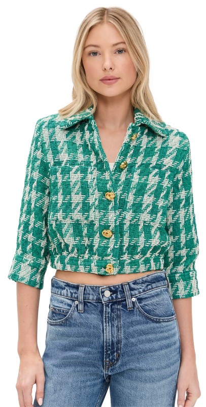 L'AGENCE Jia Crop 3/4 Sleeve Jacket Vintage White/Teal Houndstooth