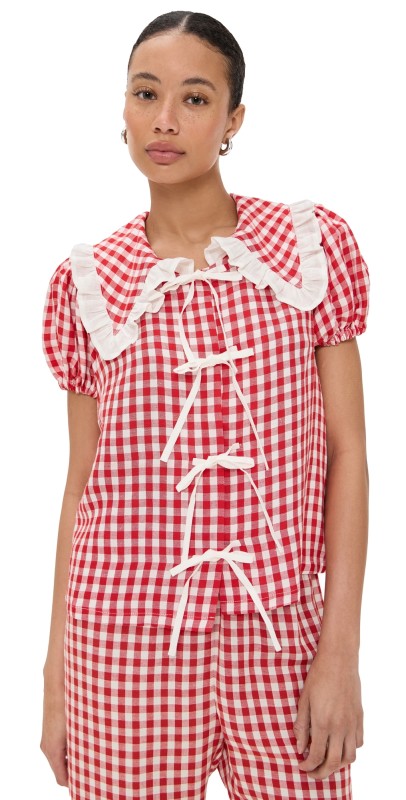 Sleeper Puff Linen Lounge Shirt in Red Vichy Red Vichy