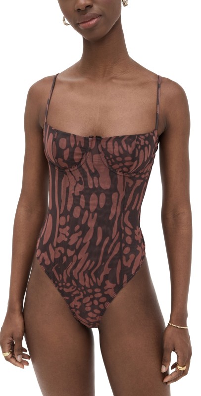 Good American Mesh Bustier Thong Bodysuit Java Warped Leopard001