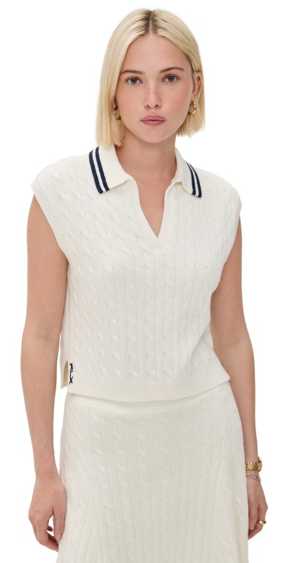 RLX Ralph Lauren Cable Knit Johnny Collar V Neck Polo White Splash/Refined Navy