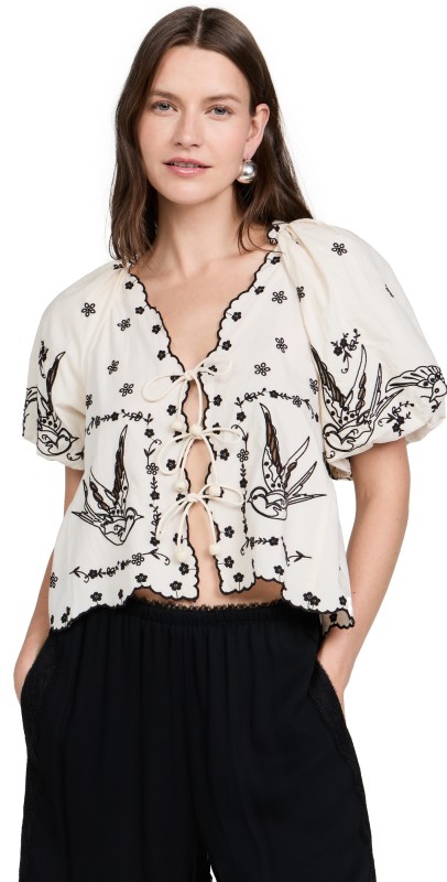 Sea Kingsley Embroidery Tie Front Top Cream