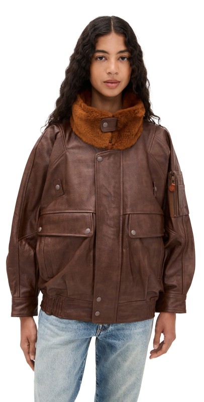 R13 Leather Flight Jacket with Shearling Collar Brown