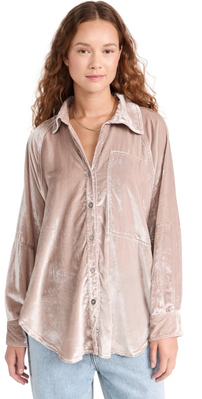 Free People Night Skies Velvet Button Down Mushroom