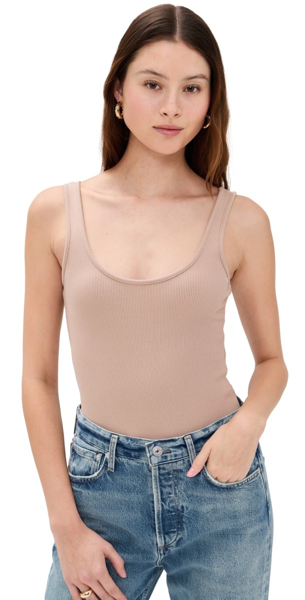 L'AGENCE Nica Scoop Neck Tank Thong Bodysuit Cappucino