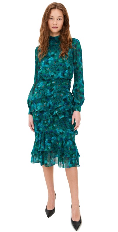 SALONI Isa Ruffle Dress Flori Peacock