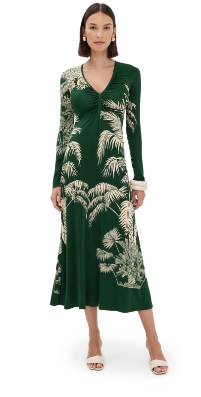 Johanna Ortiz Green Alma Bordada Midi Dress Emerald Green/Ecru