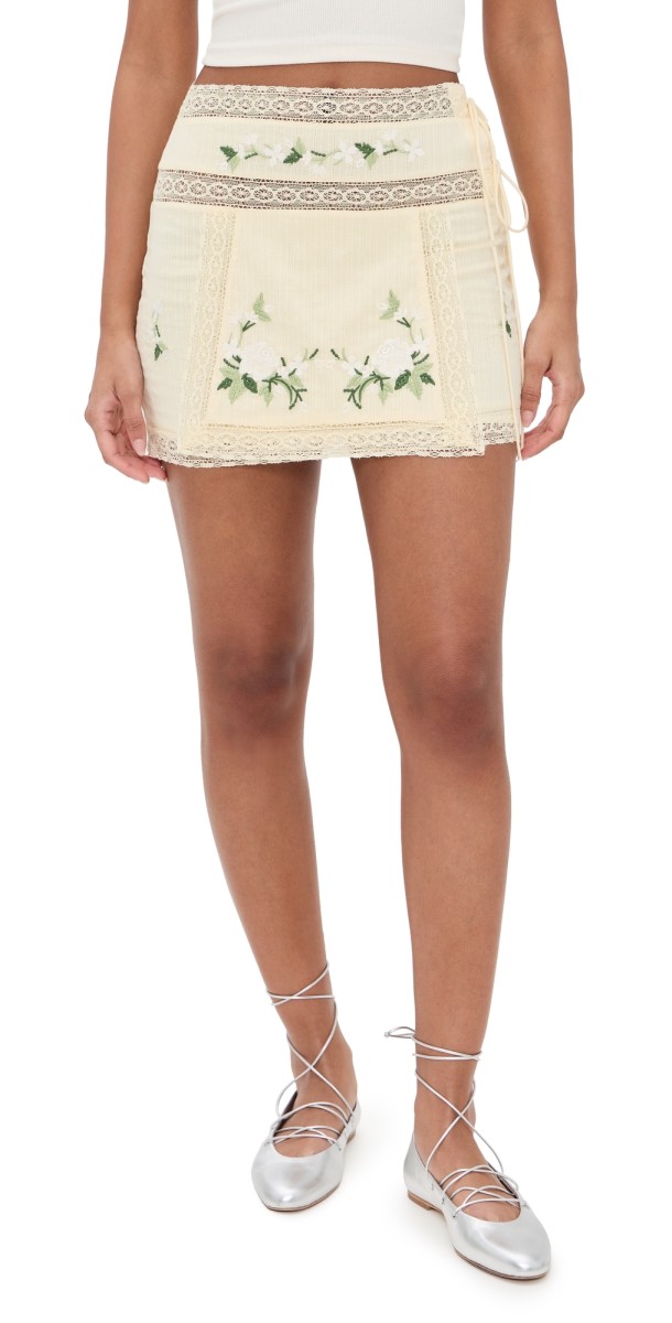 For Love & Lemons Jolene Embroidered Mini Skirt Yellow