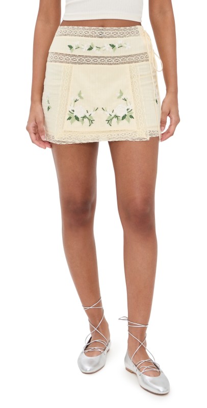 For Love & Lemons Jolene Embroidered Mini Skirt Yellow