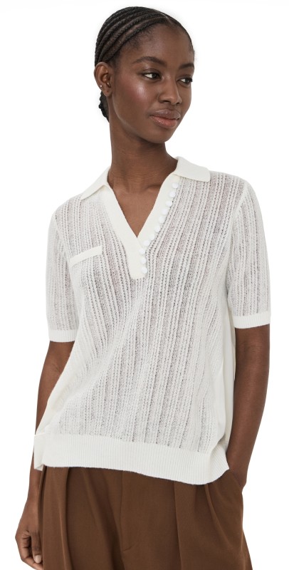 3.1 Phillip Lim Airy Open Cable Double Layer Polo with Pleated Chiffon Ivory