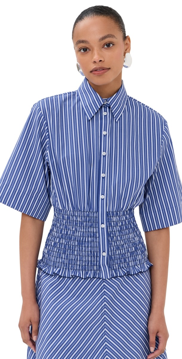 Brandon Maxwell The Harte Button Up Shirt with Smocked Bodice Navy Stripe