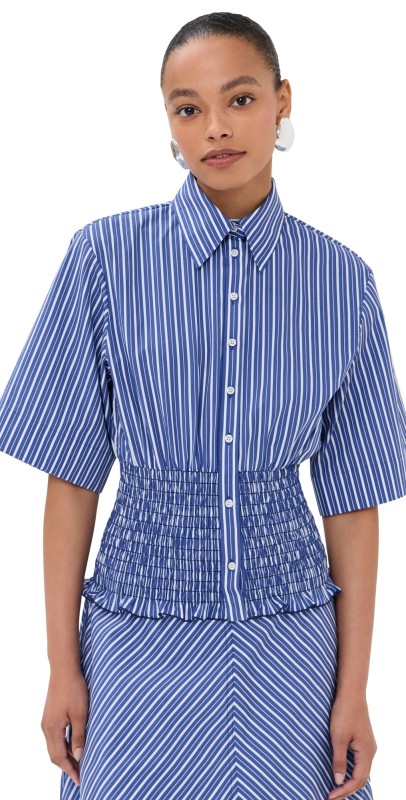 Brandon Maxwell The Harte Button Up Shirt with Smocked Bodice Navy Stripe