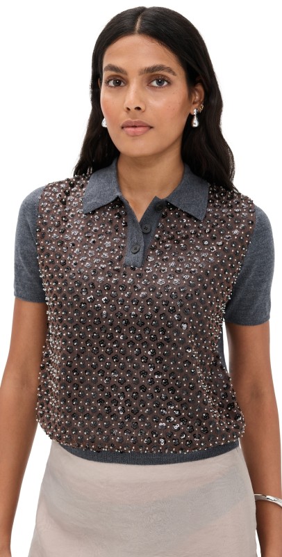 Tanya Taylor Camilla Knit Top Dark Heather Grey/Bronze Multi