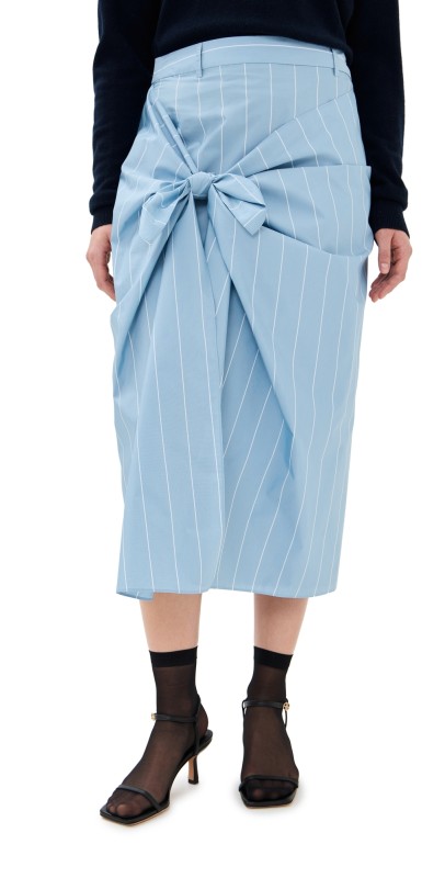 Tibi Striped Tech Poplin Tie Front Skirt Blue/White Multi