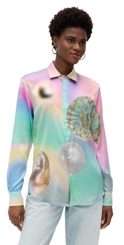 BruceGlen Muva Pearl Print Charmeuse Button-Up Pearl