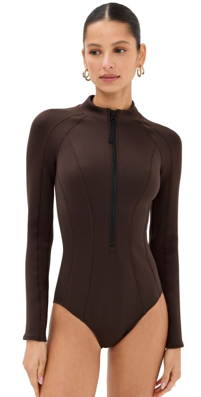STAUD Wipeout Rash Guard One Piece Dark Chocolate
