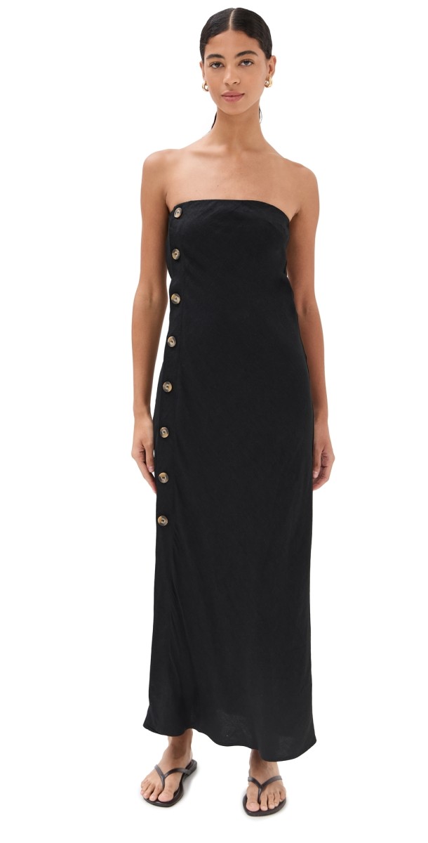 LE BOP Strapless Button Maxi Dress White