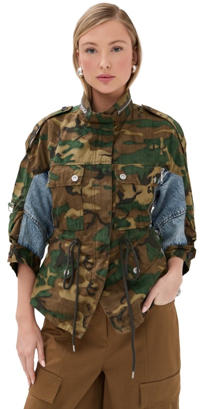 3.1 Phillip Lim Patchwork Camo Ripstop Cinched Utility Jacket Dark Olive Multi