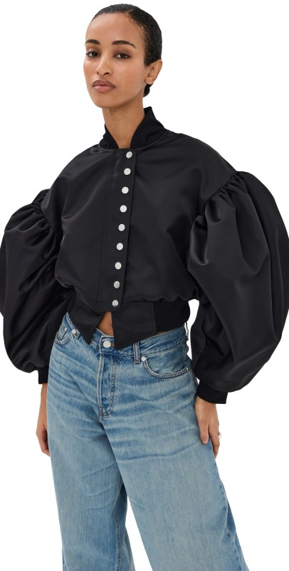 Marques'Almeida Duchesse Satin Fitted Bomber Jacket With Puff Volume Sleeves Black