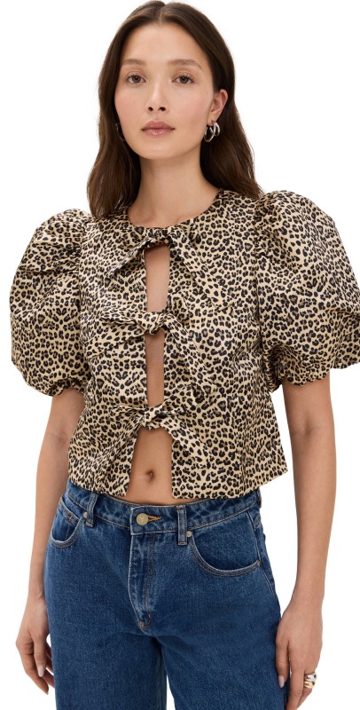 English Factory Bow Detailed Puff Sleeve Top Brown