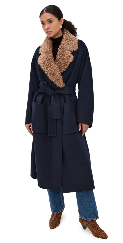 ESSENTIEL ANTWERP Irno Faux Fur Collar Coat Navy