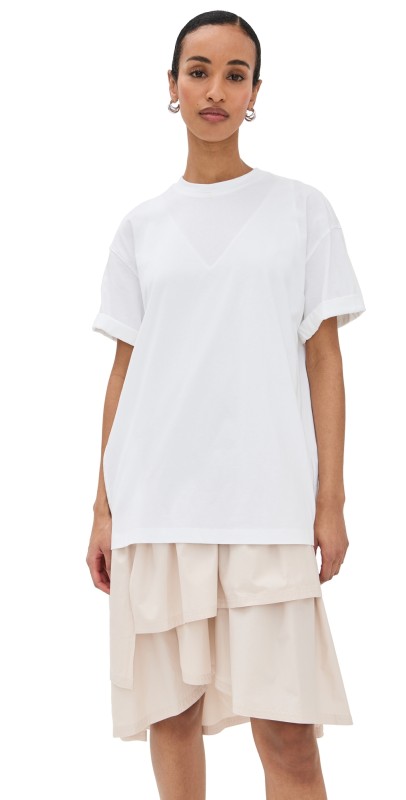 3.1 Phillip Lim Oversize T-Shirt Combo Dress with Ruffle Skirt White/Putty