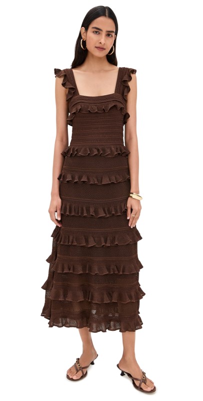 Zimmermann Lace Frill Midi Dress Metallic Chocolate