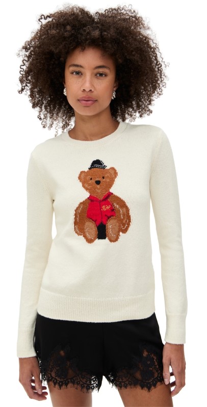 Lingua Franca Women's Bo Bear Cotton Crewneck Sweater Cream