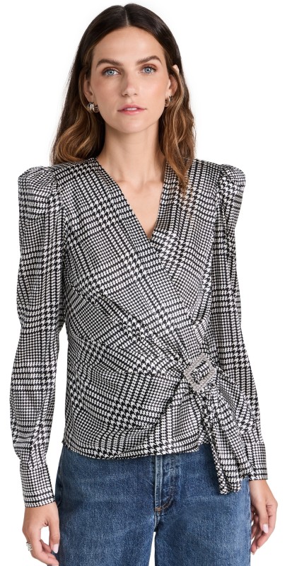 L'AGENCE Bensen Wrap Blouse with Buckle Ivory/Blk Large Glen Plaid