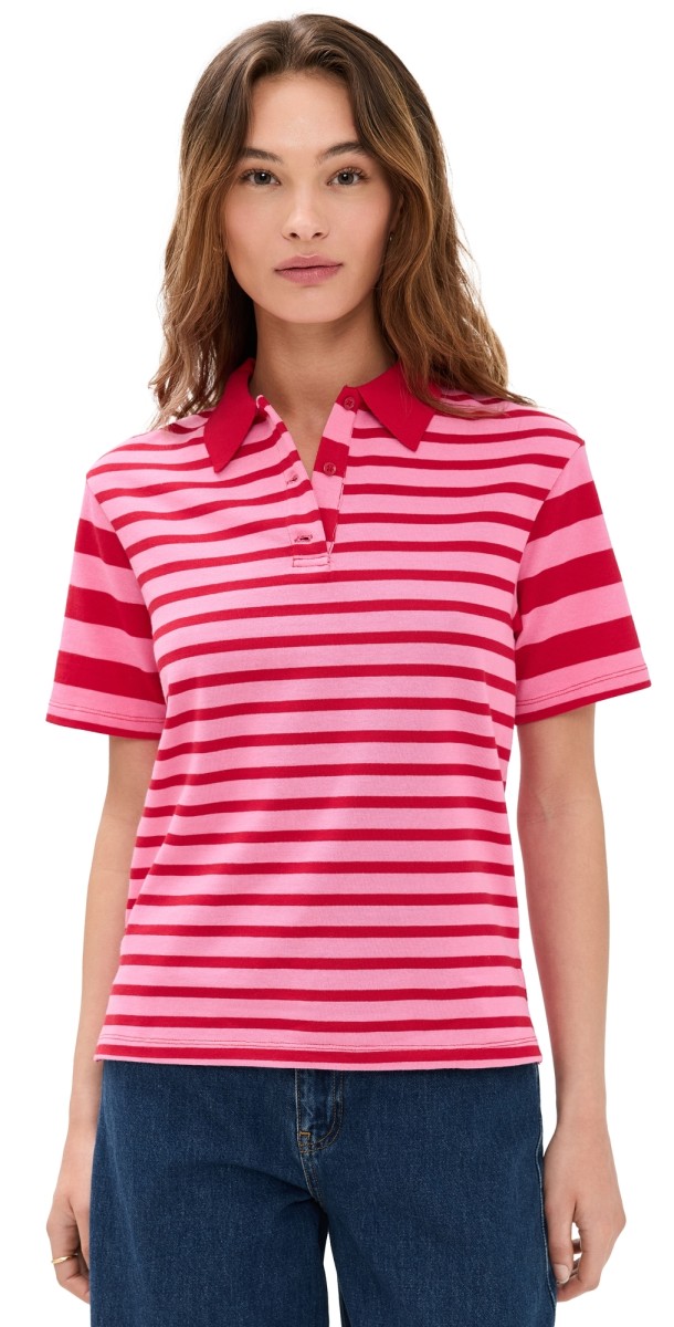English Factory Stripe Short Sleeve Knit Top Pink/Red