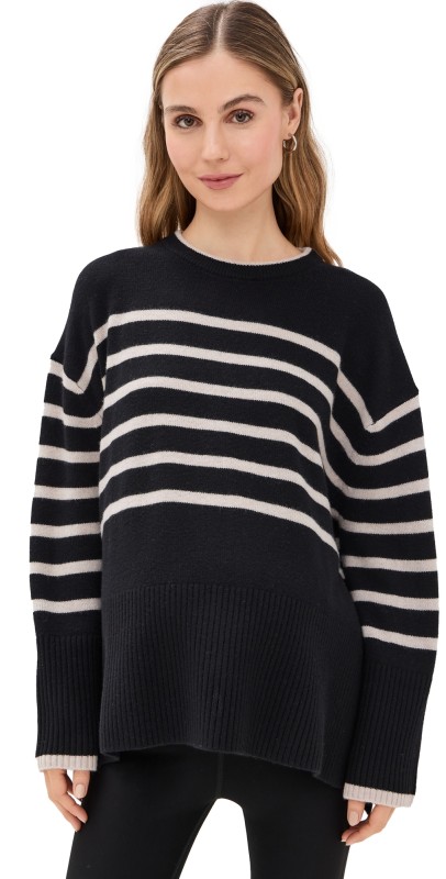 HATCH The Carly Knit Pullover Black/Oat Melange Stripe