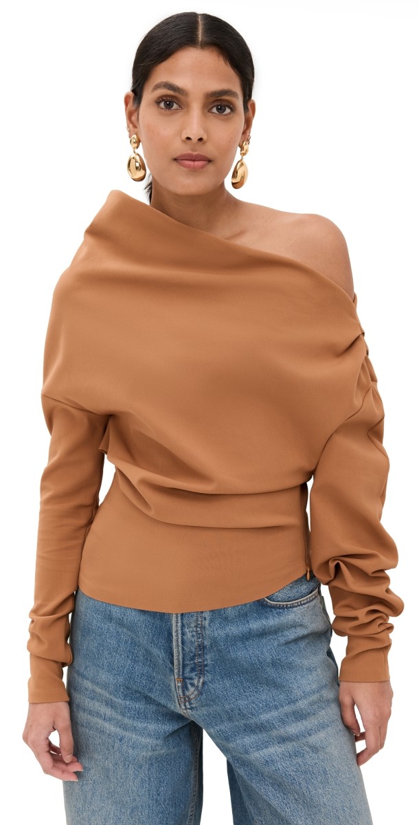 A. W.A. K.E. MODE Off Shoulder Asymmetric Long Sleeve Top Ginger