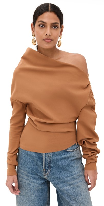 A. W.A. K.E. MODE Off Shoulder Asymmetric Long Sleeve Top Ginger