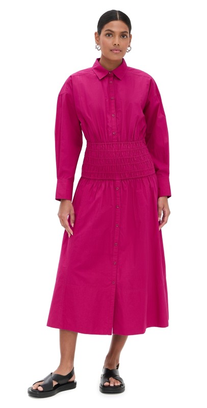Apiece Apart Sophia Smocked Shirt Dress Fuchsia