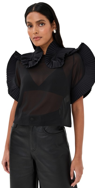 CO Plisse Ruffle Sheer Top In Georgette Black