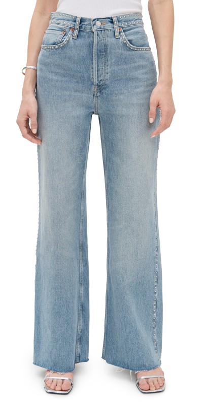 RE/DONE Studded 70s Ultra High Rise Wide Leg Jeans 60s Fade Stud