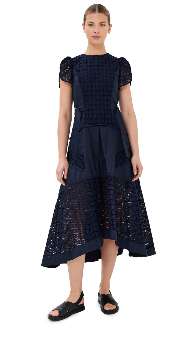 3.1 Phillip Lim Broiderie Anglaise Grid Tulip Dress Navy