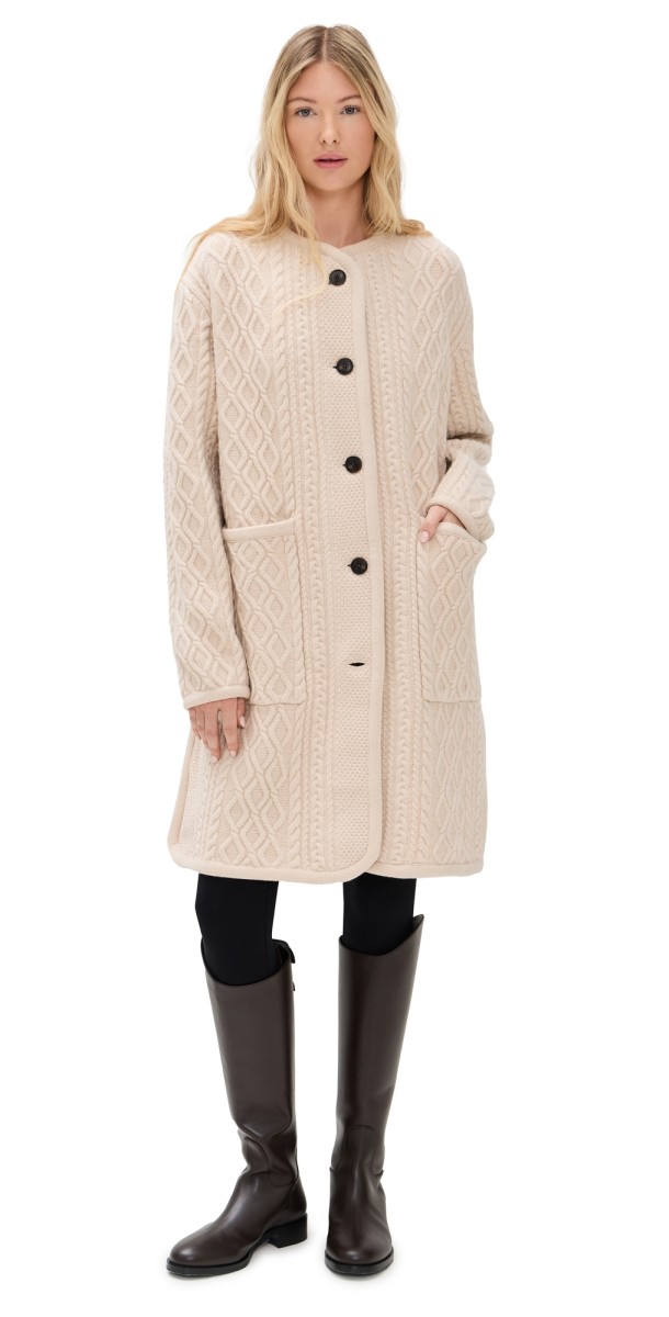 White & Warren Merino Luxe Cable Coat Honey Cream
