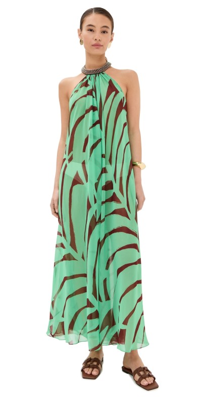 Johanna Ortiz Tactile Winds Maxi Dress Swim Palm Stripes/Burgundy/Mint