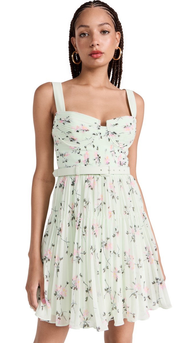 Self Portrait Green Floral Print Mini Dress Green