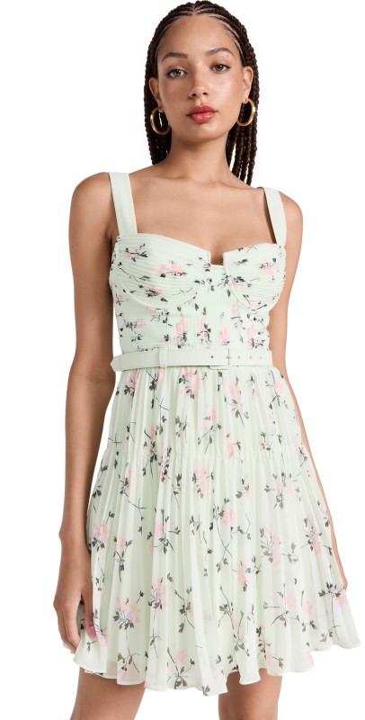 Self Portrait Green Floral Print Mini Dress Green