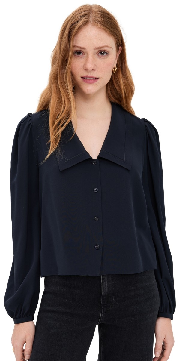 FRAME The Long Sleeve Silk Sailor Blouse Navy