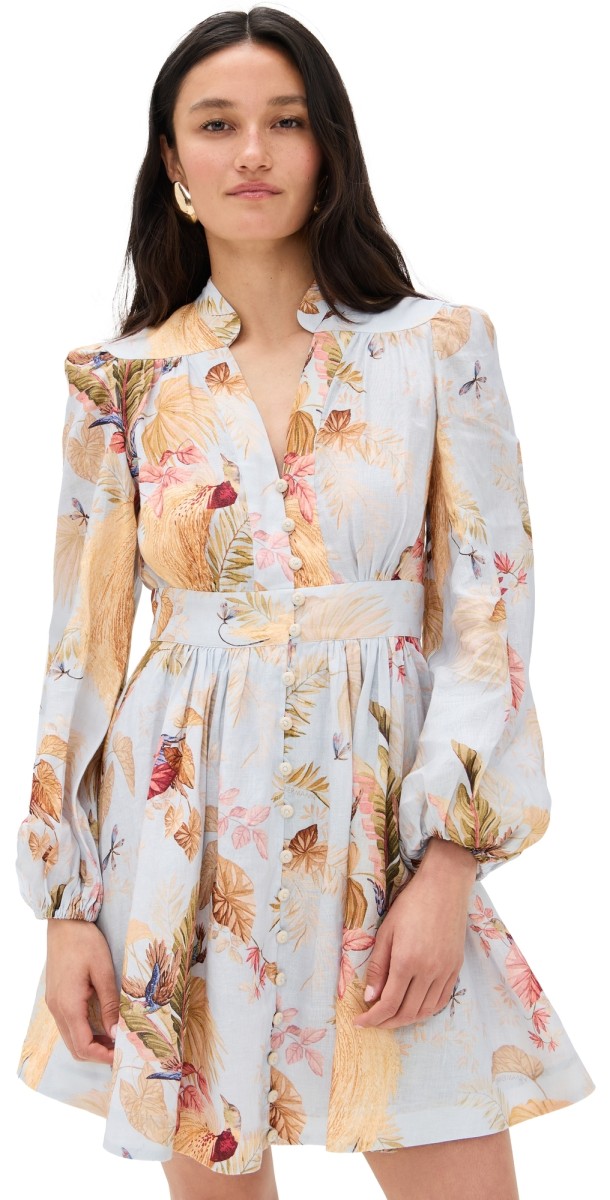 Zimmermann Ascension Plunge Mini Dress Light Blue Palm Floral
