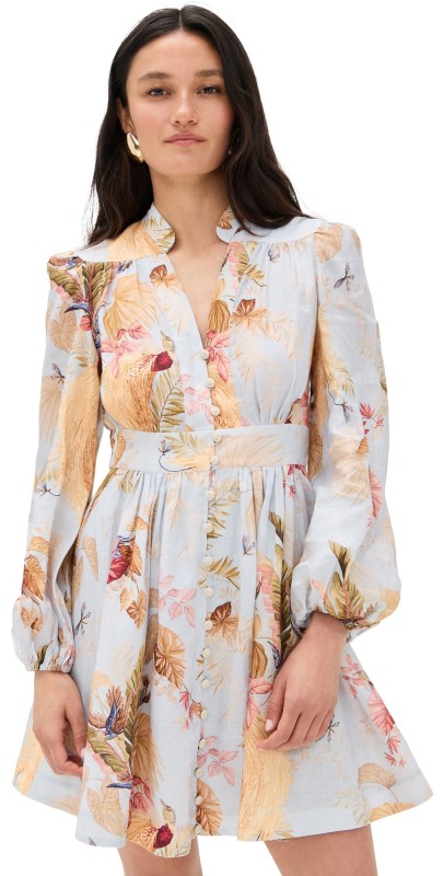 Zimmermann Ascension Plunge Mini Dress Light Blue Palm Floral