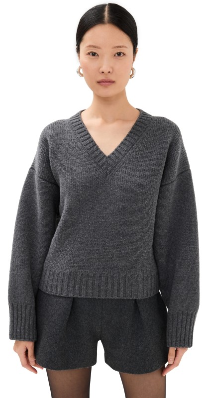 Róhe Compact Knitted V Neck Sweater Mid Grey Melange